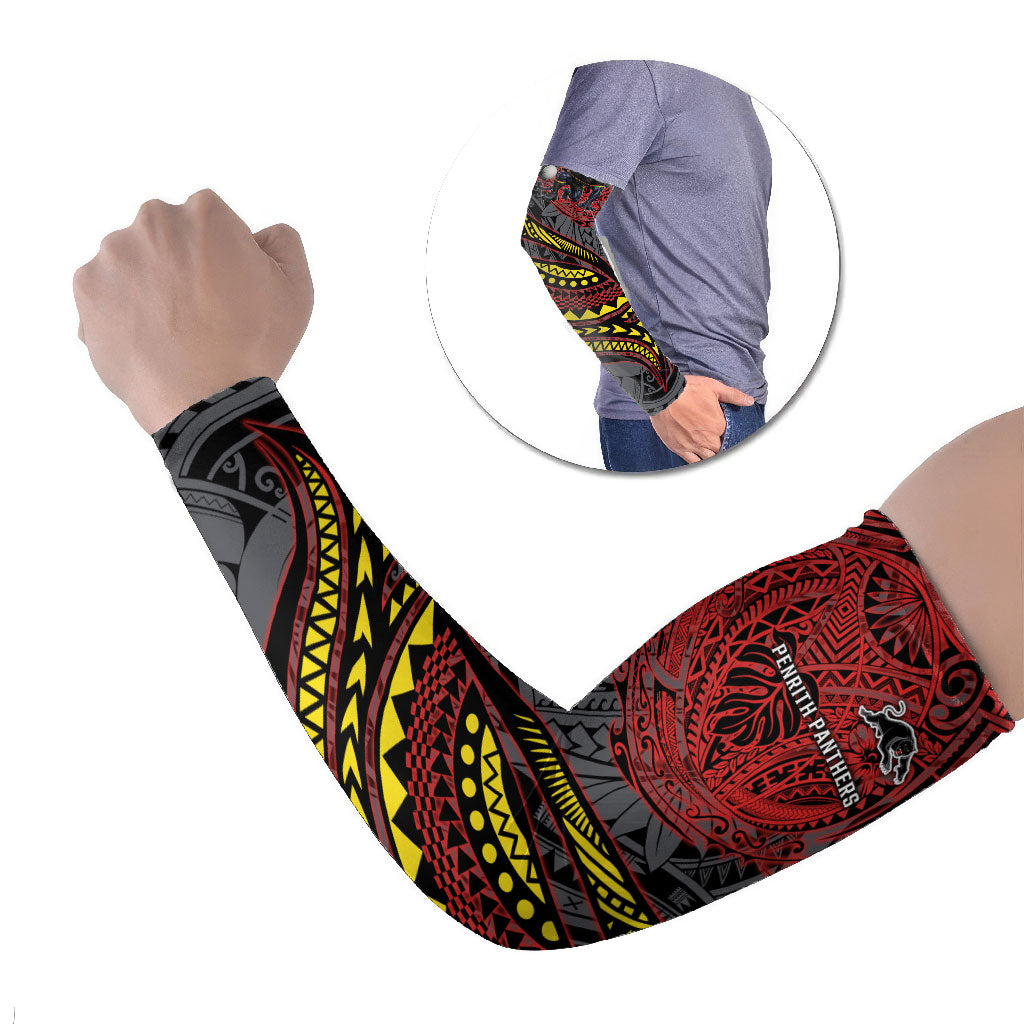 Personalised Penrith Panthers Arm Sleeves Polynesian Tribal Art Style With Fierce Panther Mascot