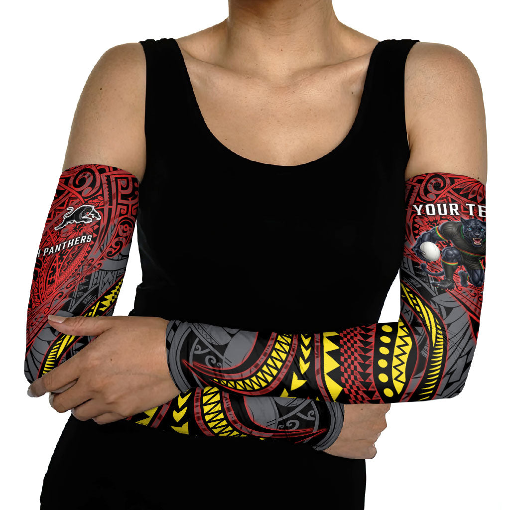 Personalised Penrith Panthers Arm Sleeves Polynesian Tribal Art Style With Fierce Panther Mascot