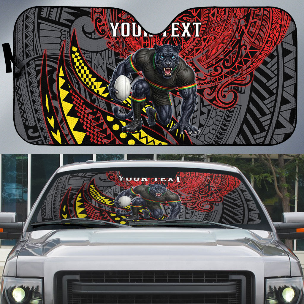 Personalised Penrith Panthers Auto Sun Shade Polynesian Tribal Art Style With Fierce Panther Mascot