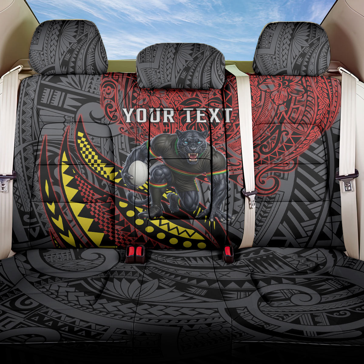 Personalised Penrith Panthers Back Car Seat Cover Polynesian Tribal Art Style With Fierce Panther Mascot
