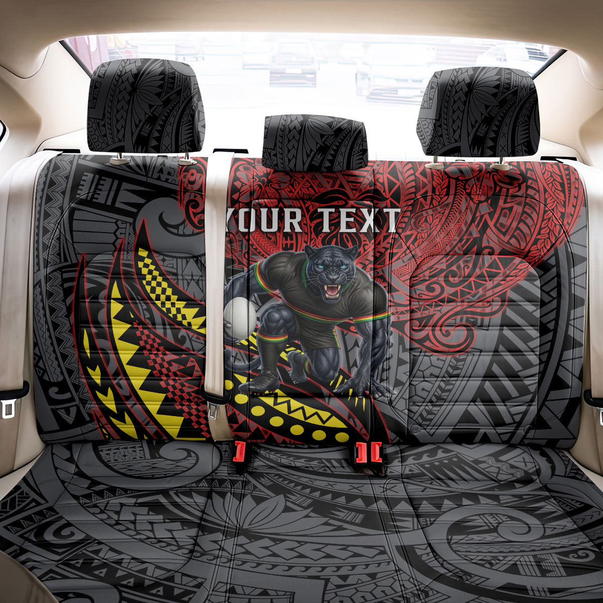 Personalised Penrith Panthers Back Car Seat Cover Polynesian Tribal Art Style With Fierce Panther Mascot
