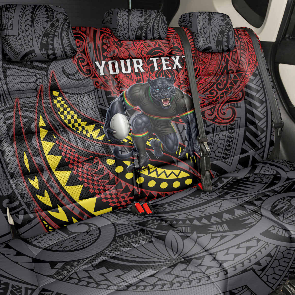 Personalised Penrith Panthers Back Car Seat Cover Polynesian Tribal Art Style With Fierce Panther Mascot