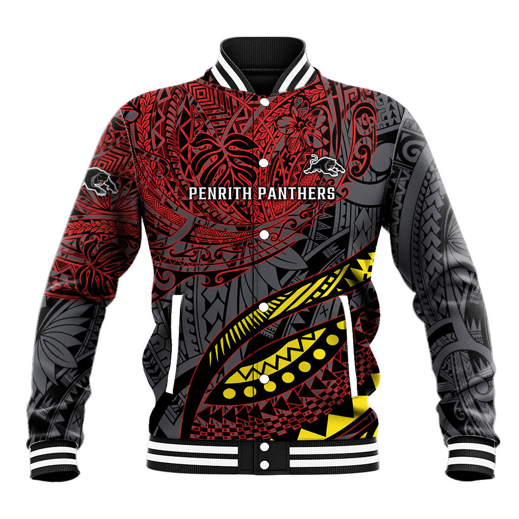 Personalised Penrith Panthers Baseball Jacket Polynesian Tribal Art Style With Fierce Panther Mascot