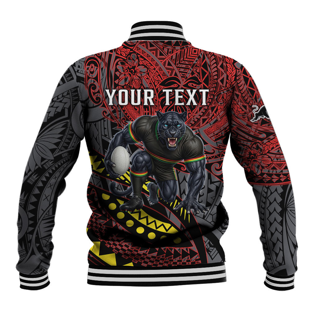 Personalised Penrith Panthers Baseball Jacket Polynesian Tribal Art Style With Fierce Panther Mascot