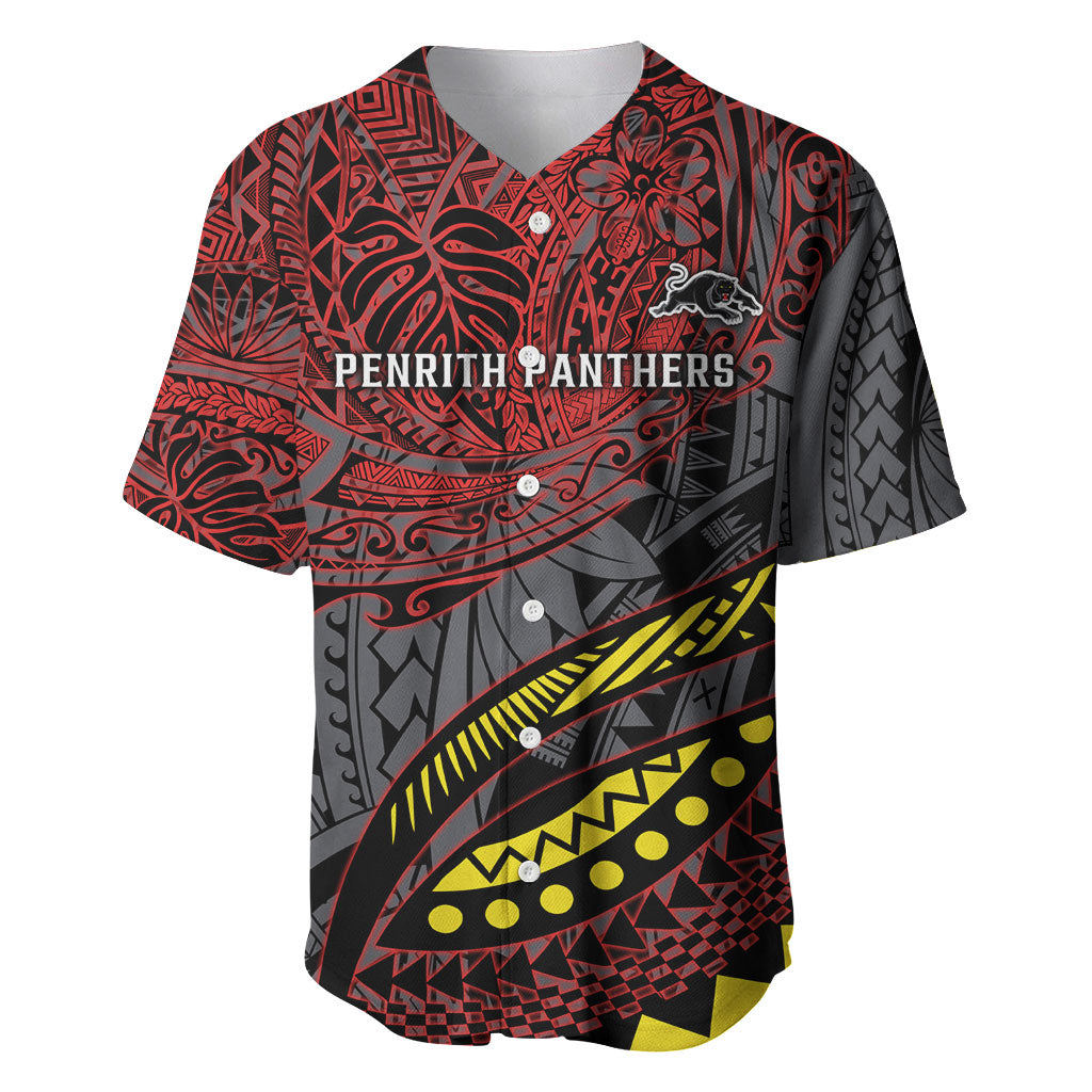 Personalised Penrith Panthers Baseball Jersey Polynesian Tribal Art Style With Fierce Panther Mascot