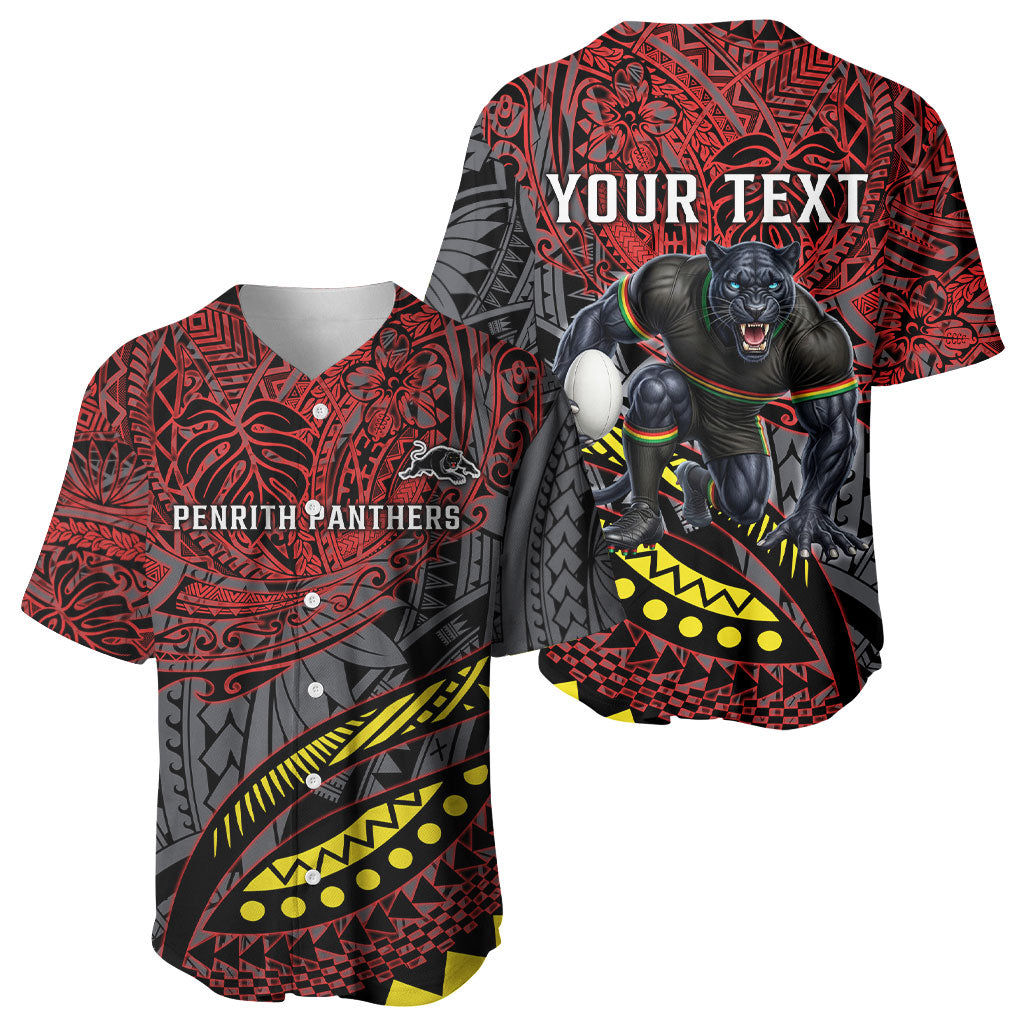 Personalised Penrith Panthers Baseball Jersey Polynesian Tribal Art Style With Fierce Panther Mascot
