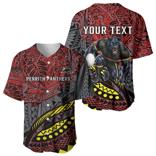 Personalised Penrith Panthers Baseball Jersey Polynesian Tribal Art Style With Fierce Panther Mascot