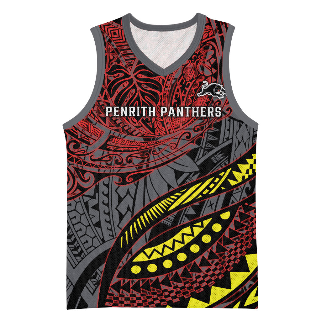 Personalised Penrith Panthers Basketball Jersey Polynesian Tribal Art Style With Fierce Panther Mascot