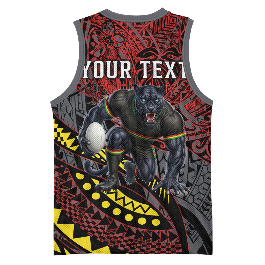 Personalised Penrith Panthers Basketball Jersey Polynesian Tribal Art Style With Fierce Panther Mascot