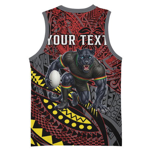 Personalised Penrith Panthers Basketball Jersey Polynesian Tribal Art Style With Fierce Panther Mascot