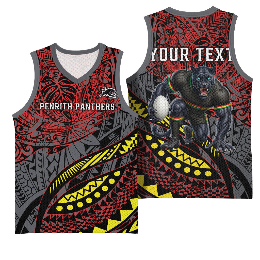 Personalised Penrith Panthers Basketball Jersey Polynesian Tribal Art Style With Fierce Panther Mascot
