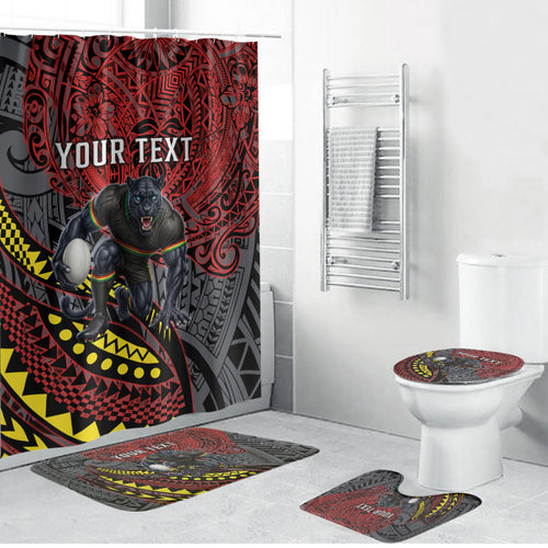 Personalised Penrith Panthers Bathroom Set Polynesian Tribal Art Style With Fierce Panther Mascot