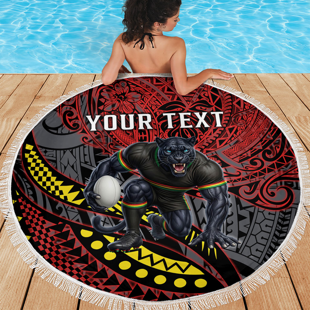 Personalised Penrith Panthers Beach Blanket Polynesian Tribal Art Style With Fierce Panther Mascot