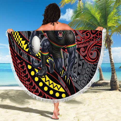 Personalised Penrith Panthers Beach Blanket Polynesian Tribal Art Style With Fierce Panther Mascot