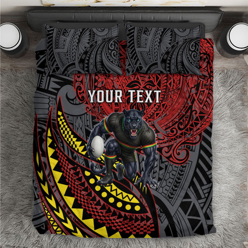 Personalised Penrith Panthers Bedding Set Polynesian Tribal Art Style With Fierce Panther Mascot
