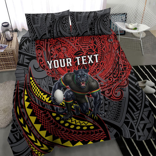 Personalised Penrith Panthers Bedding Set Polynesian Tribal Art Style With Fierce Panther Mascot