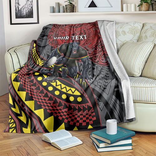 Personalised Penrith Panthers Blanket Polynesian Tribal Art Style With Fierce Panther Mascot