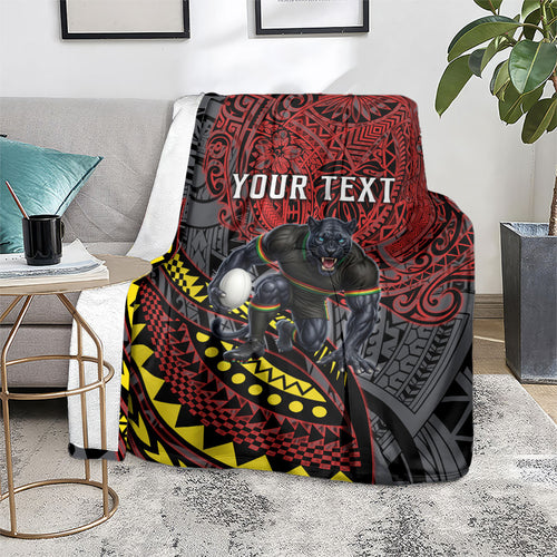 Personalised Penrith Panthers Blanket Polynesian Tribal Art Style With Fierce Panther Mascot