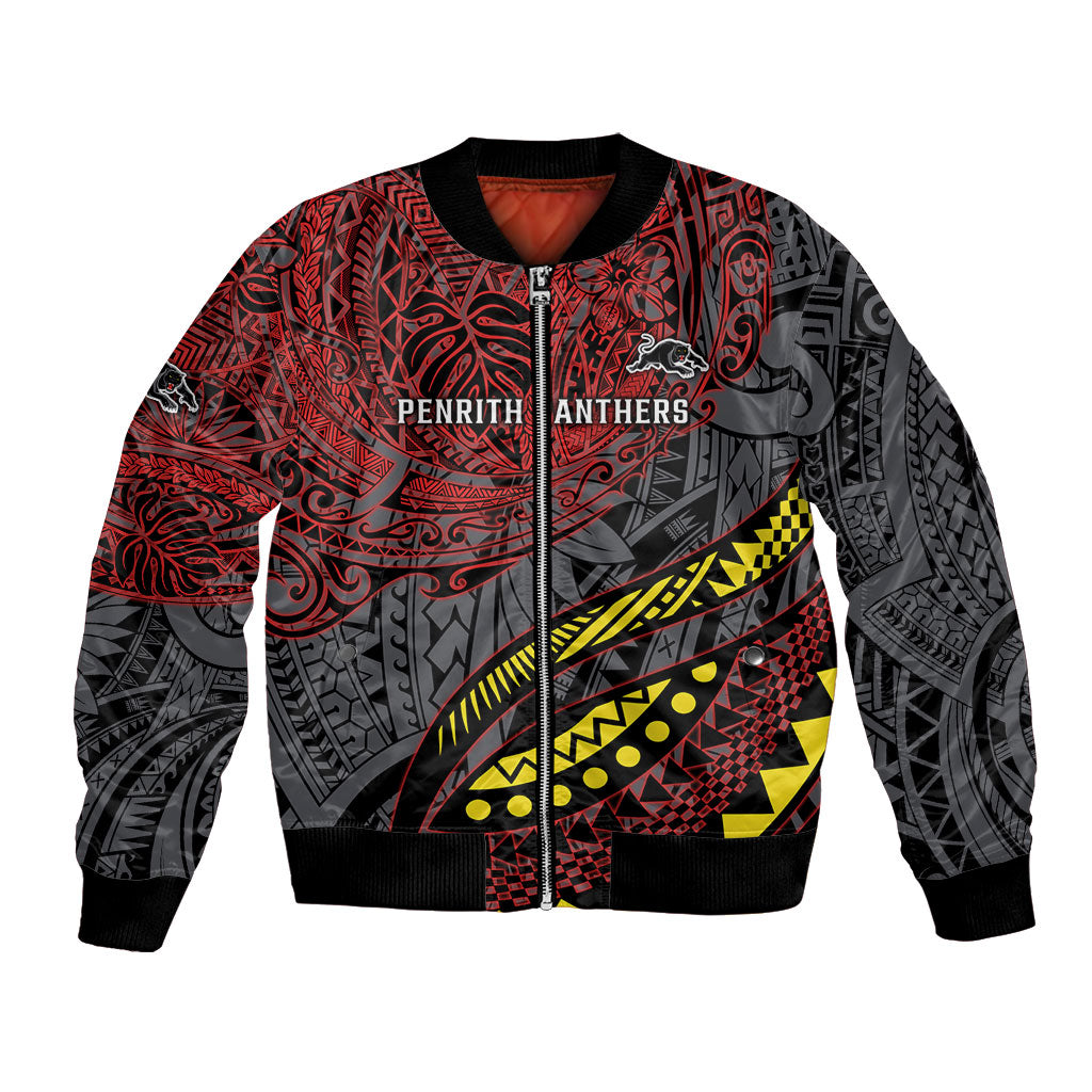 Personalised Penrith Panthers Bomber Jacket Polynesian Tribal Art Style With Fierce Panther Mascot