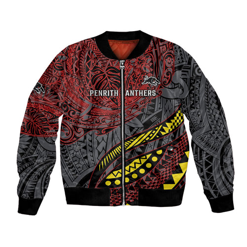 Personalised Penrith Panthers Bomber Jacket Polynesian Tribal Art Style With Fierce Panther Mascot