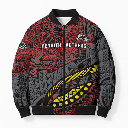 Personalised Penrith Panthers Bomber Puffer Jacket Polynesian Tribal Art Style With Fierce Panther Mascot