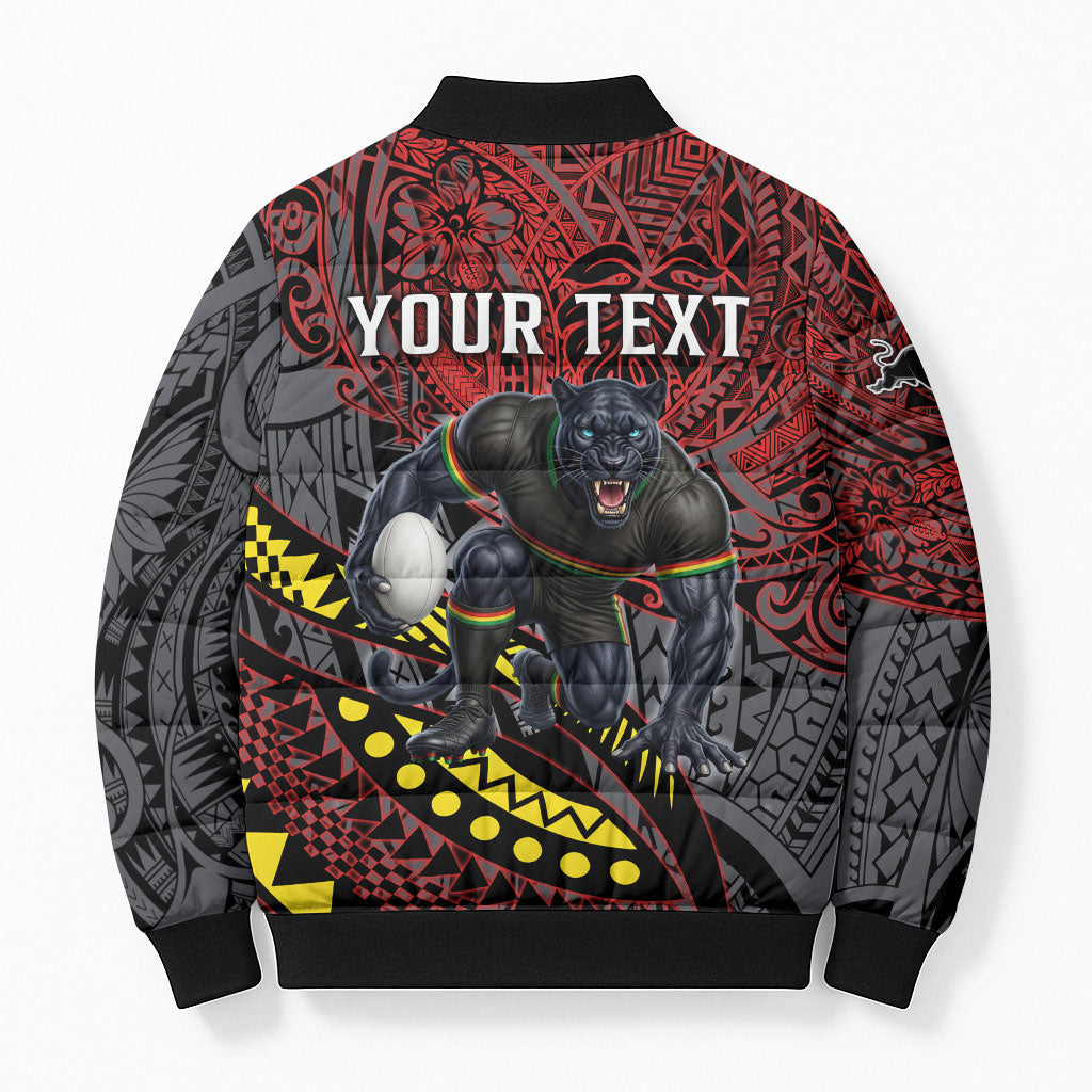 Personalised Penrith Panthers Bomber Puffer Jacket Polynesian Tribal Art Style With Fierce Panther Mascot
