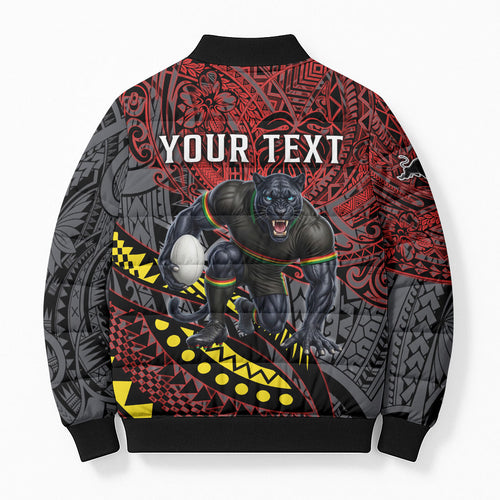 Personalised Penrith Panthers Bomber Puffer Jacket Polynesian Tribal Art Style With Fierce Panther Mascot