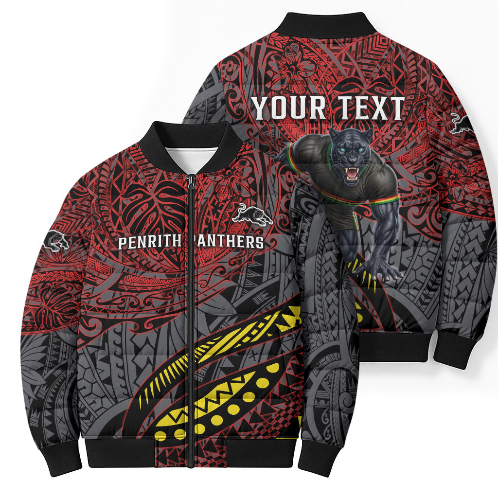 Personalised Penrith Panthers Bomber Puffer Jacket Polynesian Tribal Art Style With Fierce Panther Mascot