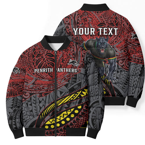 Personalised Penrith Panthers Bomber Puffer Jacket Polynesian Tribal Art Style With Fierce Panther Mascot