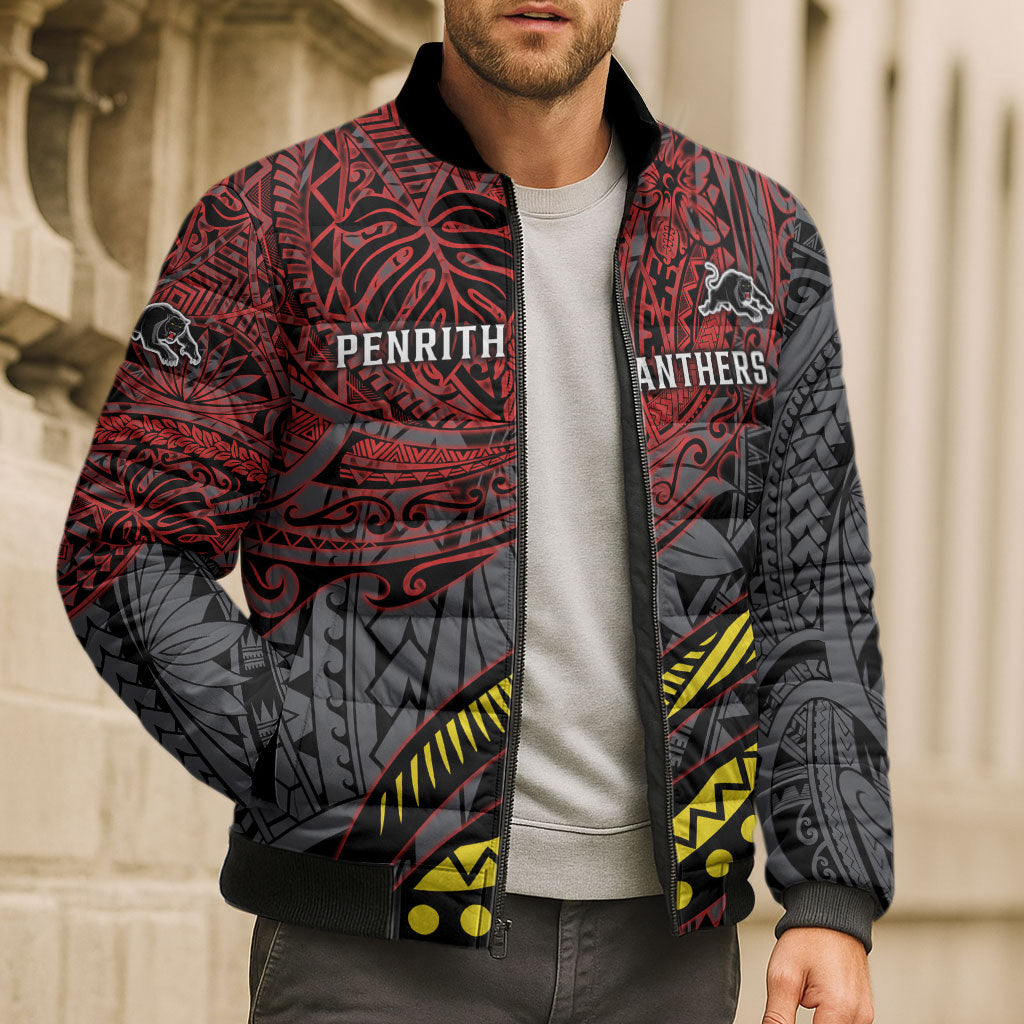 Personalised Penrith Panthers Bomber Puffer Jacket Polynesian Tribal Art Style With Fierce Panther Mascot