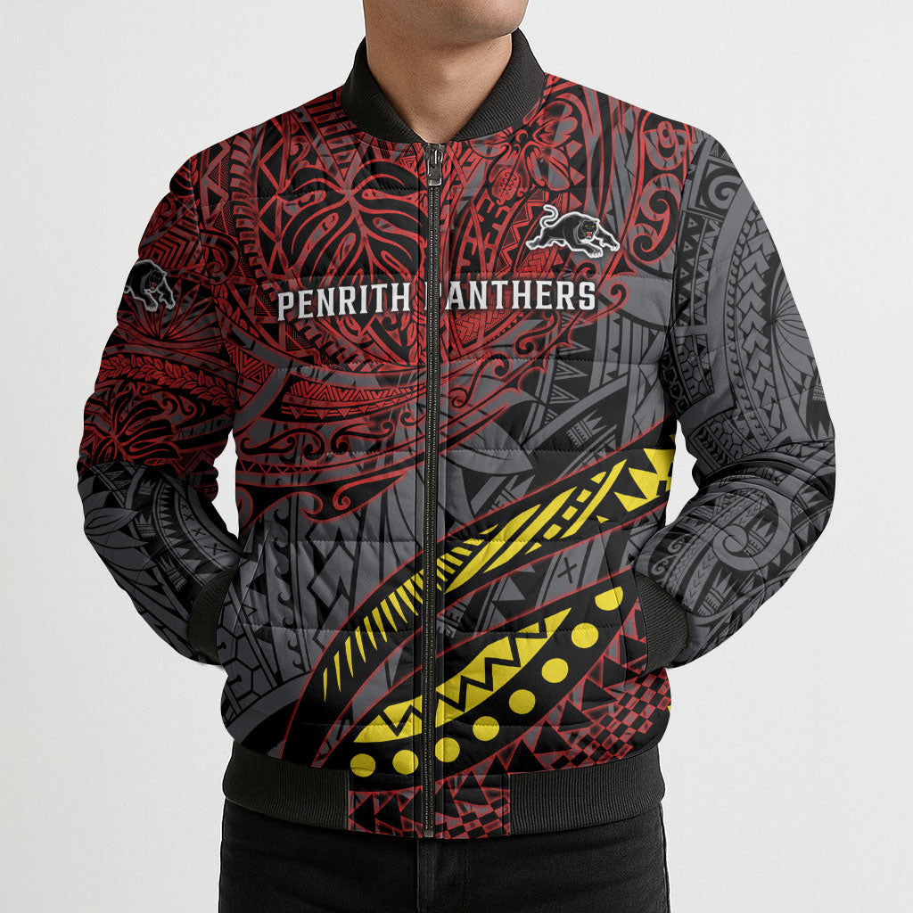 Personalised Penrith Panthers Bomber Puffer Jacket Polynesian Tribal Art Style With Fierce Panther Mascot