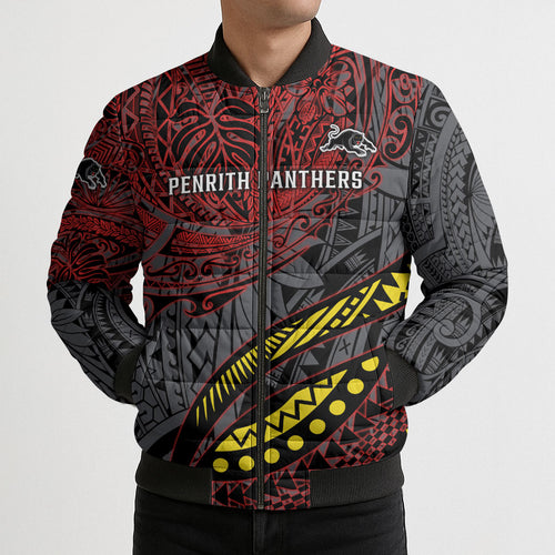 Personalised Penrith Panthers Bomber Puffer Jacket Polynesian Tribal Art Style With Fierce Panther Mascot