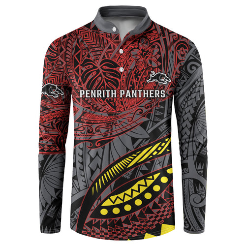 Personalised Penrith Panthers Button Sweatshirt Polynesian Tribal Art Style With Fierce Panther Mascot