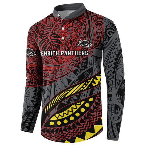Personalised Penrith Panthers Button Sweatshirt Polynesian Tribal Art Style With Fierce Panther Mascot