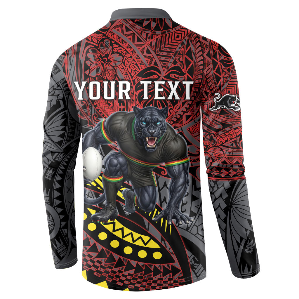 Personalised Penrith Panthers Button Sweatshirt Polynesian Tribal Art Style With Fierce Panther Mascot