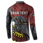 Personalised Penrith Panthers Button Sweatshirt Polynesian Tribal Art Style With Fierce Panther Mascot