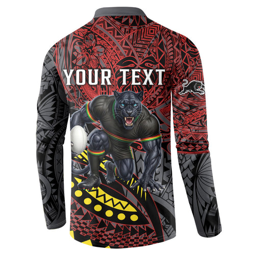 Personalised Penrith Panthers Button Sweatshirt Polynesian Tribal Art Style With Fierce Panther Mascot