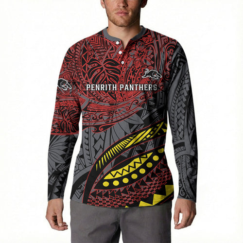 Personalised Penrith Panthers Button Sweatshirt Polynesian Tribal Art Style With Fierce Panther Mascot