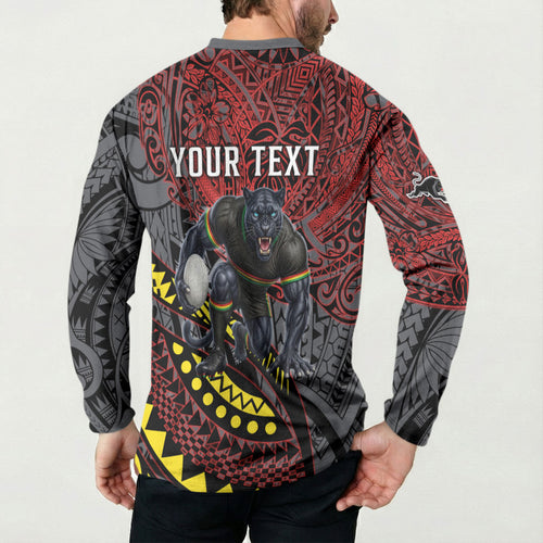 Personalised Penrith Panthers Button Sweatshirt Polynesian Tribal Art Style With Fierce Panther Mascot