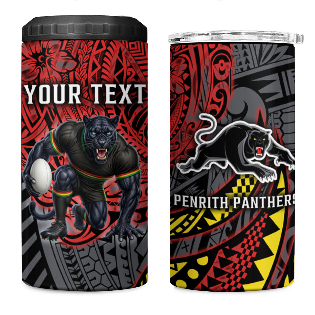 Personalised Penrith Panthers 4 in 1 Can Cooler Tumbler Polynesian Tribal Art Style With Fierce Panther Mascot