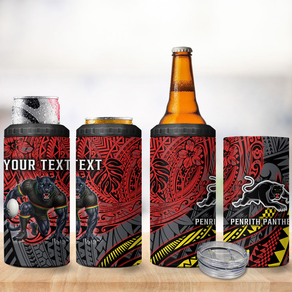Personalised Penrith Panthers 4 in 1 Can Cooler Tumbler Polynesian Tribal Art Style With Fierce Panther Mascot