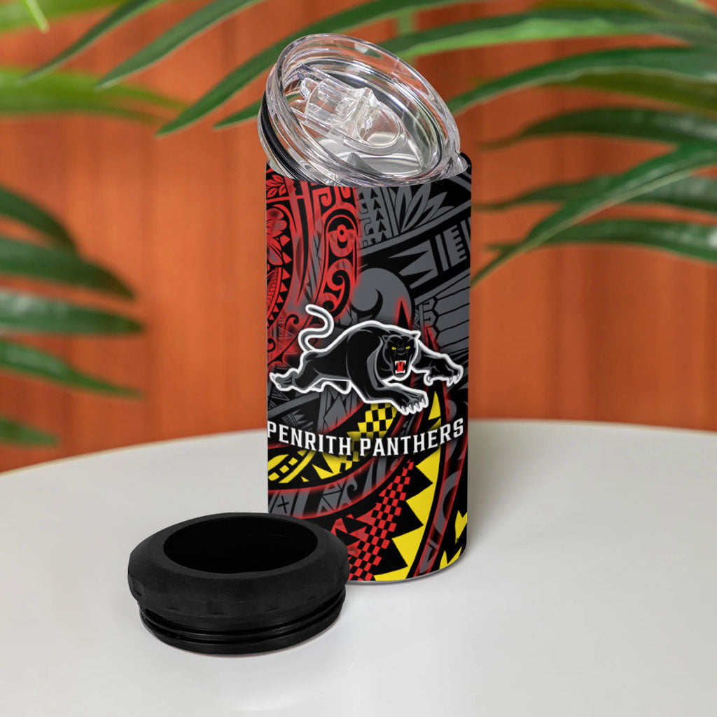 Personalised Penrith Panthers 4 in 1 Can Cooler Tumbler Polynesian Tribal Art Style With Fierce Panther Mascot