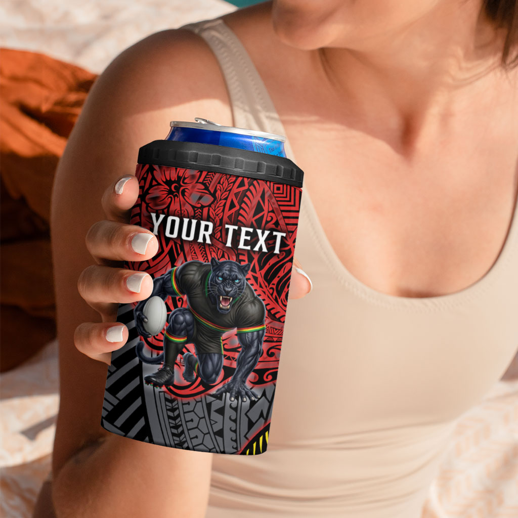 Personalised Penrith Panthers 4 in 1 Can Cooler Tumbler Polynesian Tribal Art Style With Fierce Panther Mascot