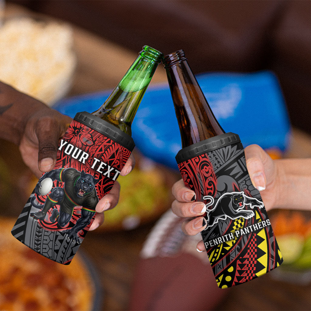 Personalised Penrith Panthers 4 in 1 Can Cooler Tumbler Polynesian Tribal Art Style With Fierce Panther Mascot