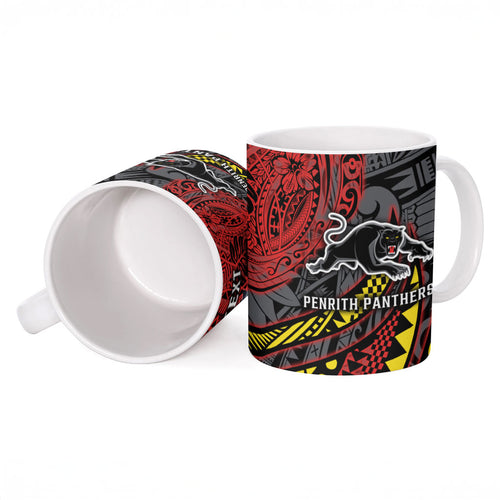 Personalised Penrith Panthers Ceramic Mug Polynesian Tribal Art Style With Fierce Panther Mascot