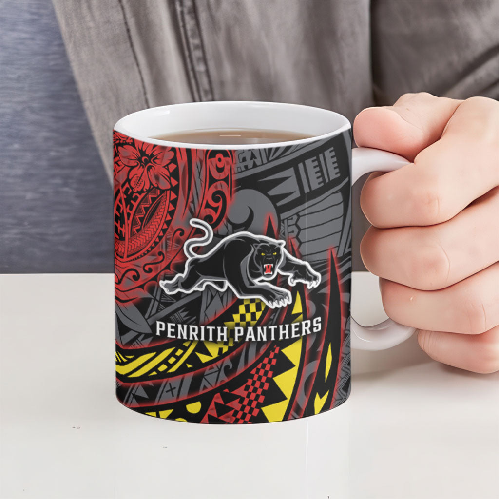 Personalised Penrith Panthers Ceramic Mug Polynesian Tribal Art Style With Fierce Panther Mascot