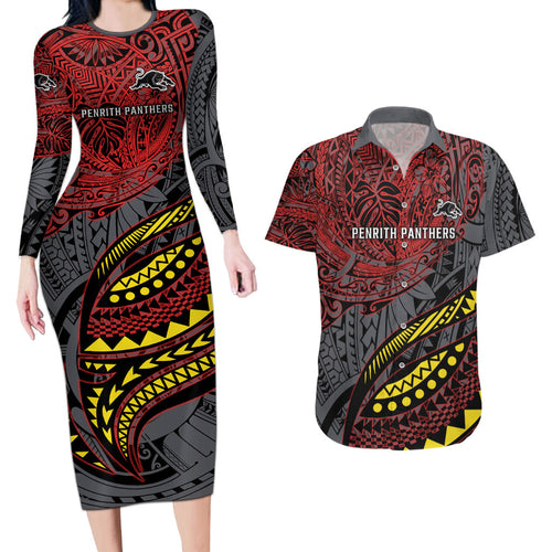 Personalised Penrith Panthers Couples Matching Long Sleeve Bodycon Dress and Hawaiian Shirt Polynesian Tribal Art Style With Fierce Panther Mascot