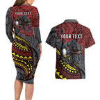 Personalised Penrith Panthers Couples Matching Long Sleeve Bodycon Dress and Hawaiian Shirt Polynesian Tribal Art Style With Fierce Panther Mascot