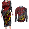Personalised Penrith Panthers Couples Matching Long Sleeve Bodycon Dress and Long Sleeve Button Shirt Polynesian Tribal Art Style With Fierce Panther Mascot