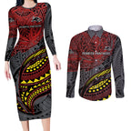 Personalised Penrith Panthers Couples Matching Long Sleeve Bodycon Dress and Long Sleeve Button Shirt Polynesian Tribal Art Style With Fierce Panther Mascot